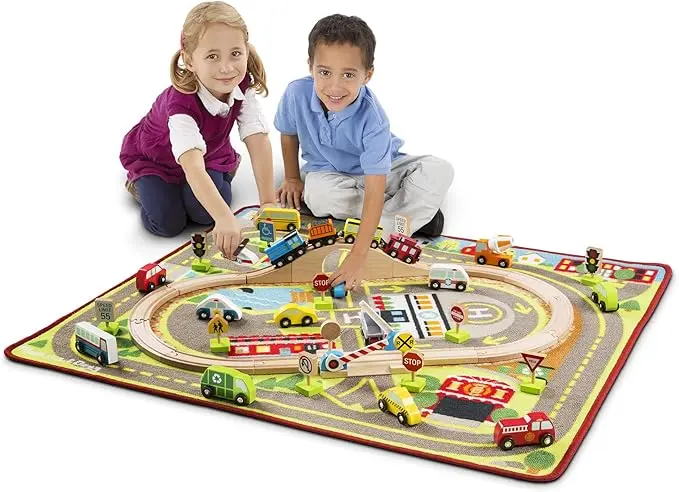 Melissa & Doug Deluxe Multi-Vehicle Activity Rug (39.5" x 36.5") - 19 Vehicles, 12 Wooden Signs, Train Tracks image 2
