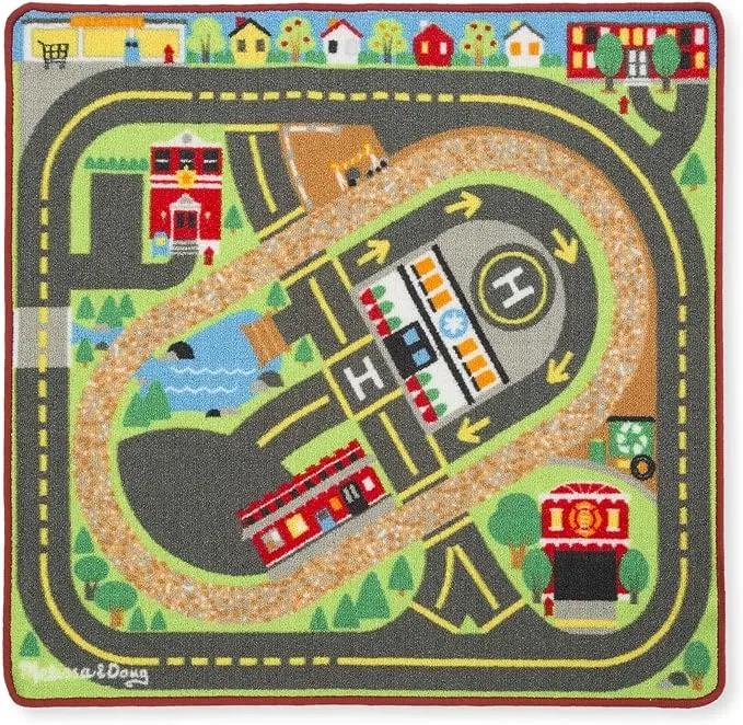 Melissa & Doug Deluxe Multi-Vehicle Activity Rug (39.5" x 36.5") - 19 Vehicles, 12 Wooden Signs, Train Tracks image 4