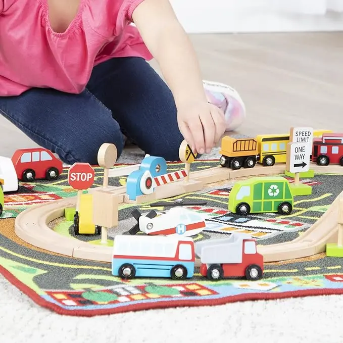Melissa & Doug Deluxe Multi-Vehicle Activity Rug (39.5" x 36.5") - 19 Vehicles, 12 Wooden Signs, Train Tracks image 5