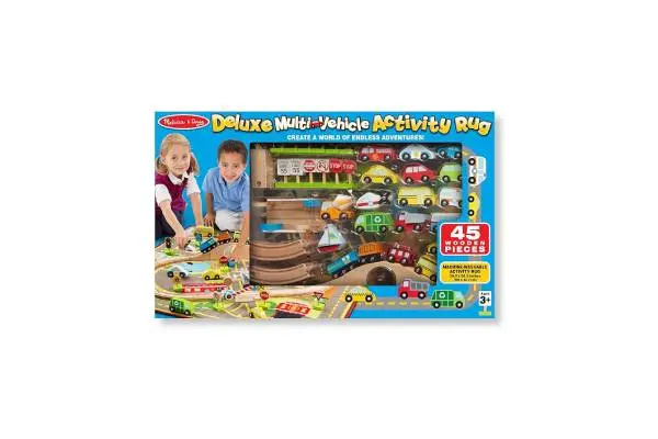 Melissa & Doug Deluxe Multi-Vehicle Activity Rug (39.5" x 36.5") - 19 Vehicles, 12 Wooden Signs, Train Tracks image