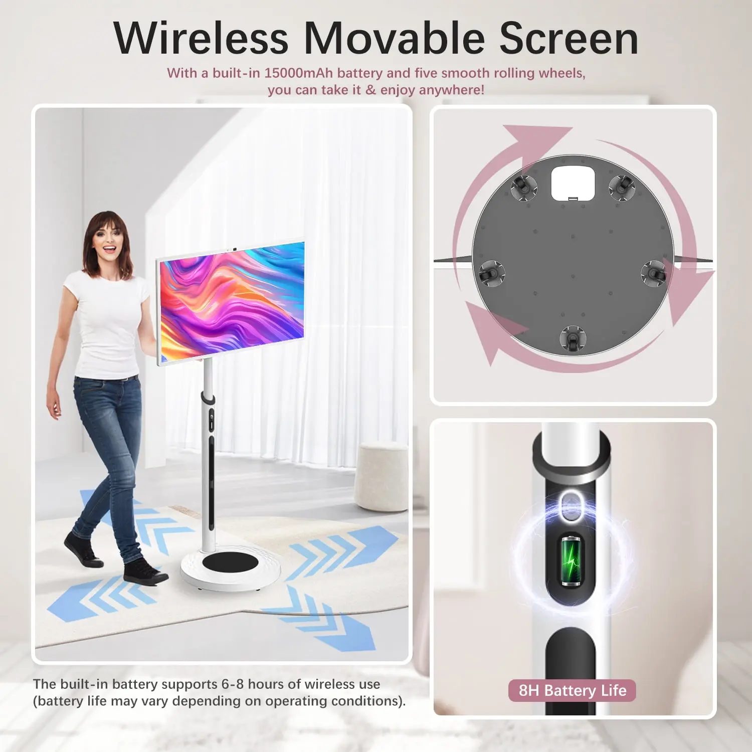 SANPTENT 32" Portable Touch Screen TV on Wheels, 8GB RAM 128GB Storage, 1080P Rolling Smart TV, Android OS 13, Full Swivel Rotation, Remote image 3