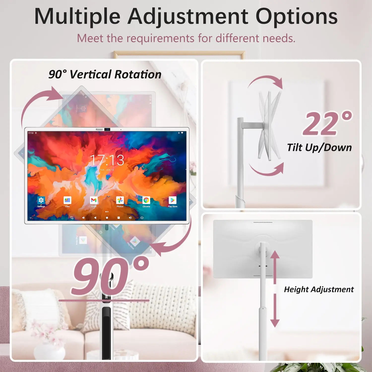SANPTENT 32" Portable Touch Screen TV on Wheels, 8GB RAM 128GB Storage, 1080P Rolling Smart TV, Android OS 13, Full Swivel Rotation, Remote image 4