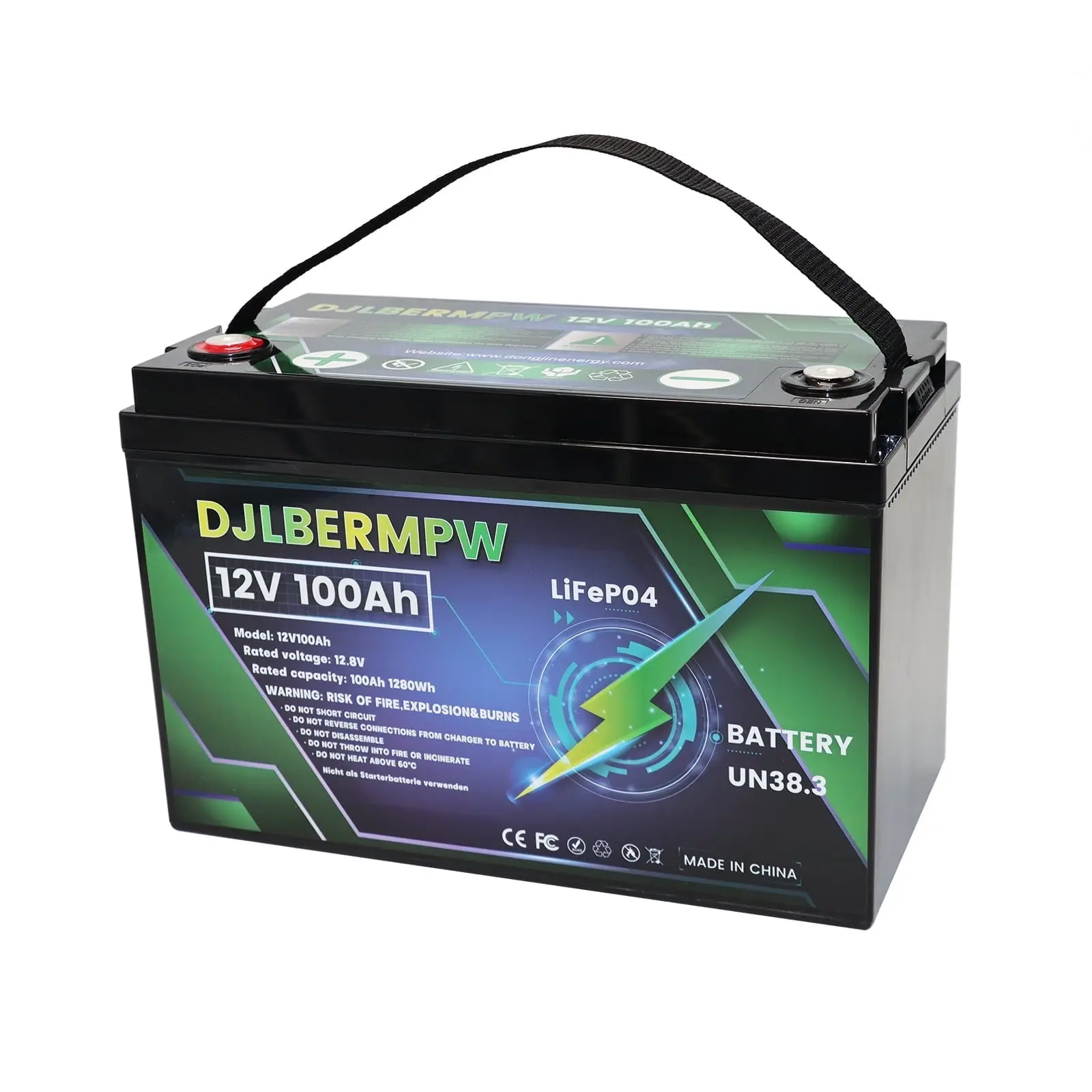 12V 100Ah LiFePO4 Battery, DJLBERMPW Lithium Battery 4000+ Deep Cycle 100A Smart BMS for RV, Marine, Solar System image