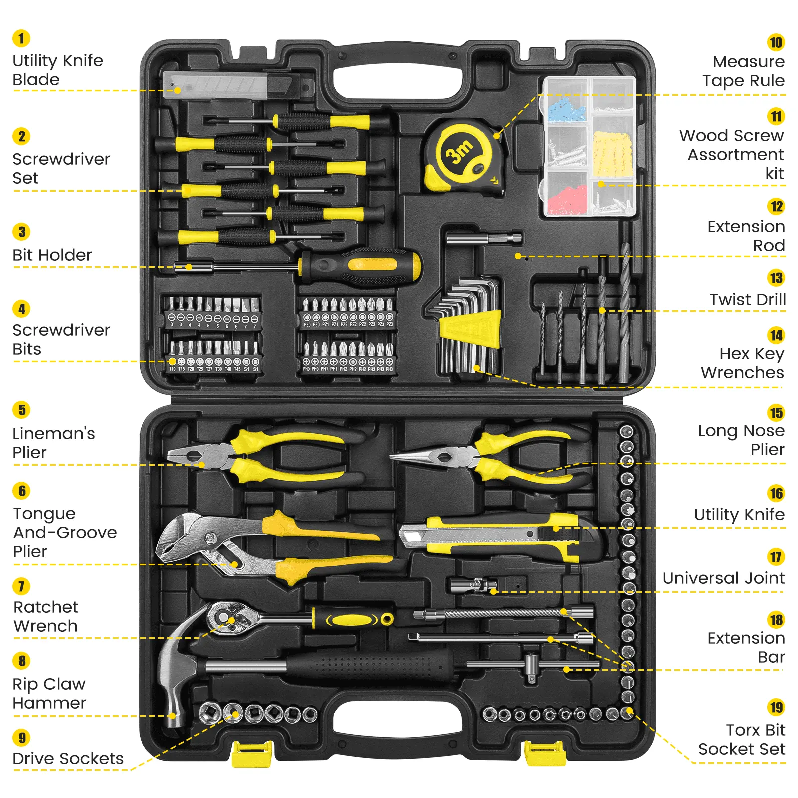 171 Piece Household Tool Kit/Mechanics Tool Set, Socket Wrench Auto Repair Tool Combination Package 1/4" Ratchet Wrench, Mixed Hand Mechanics Tools Kit Socket Set with Toolbox Storage Case, Yellow image 3
