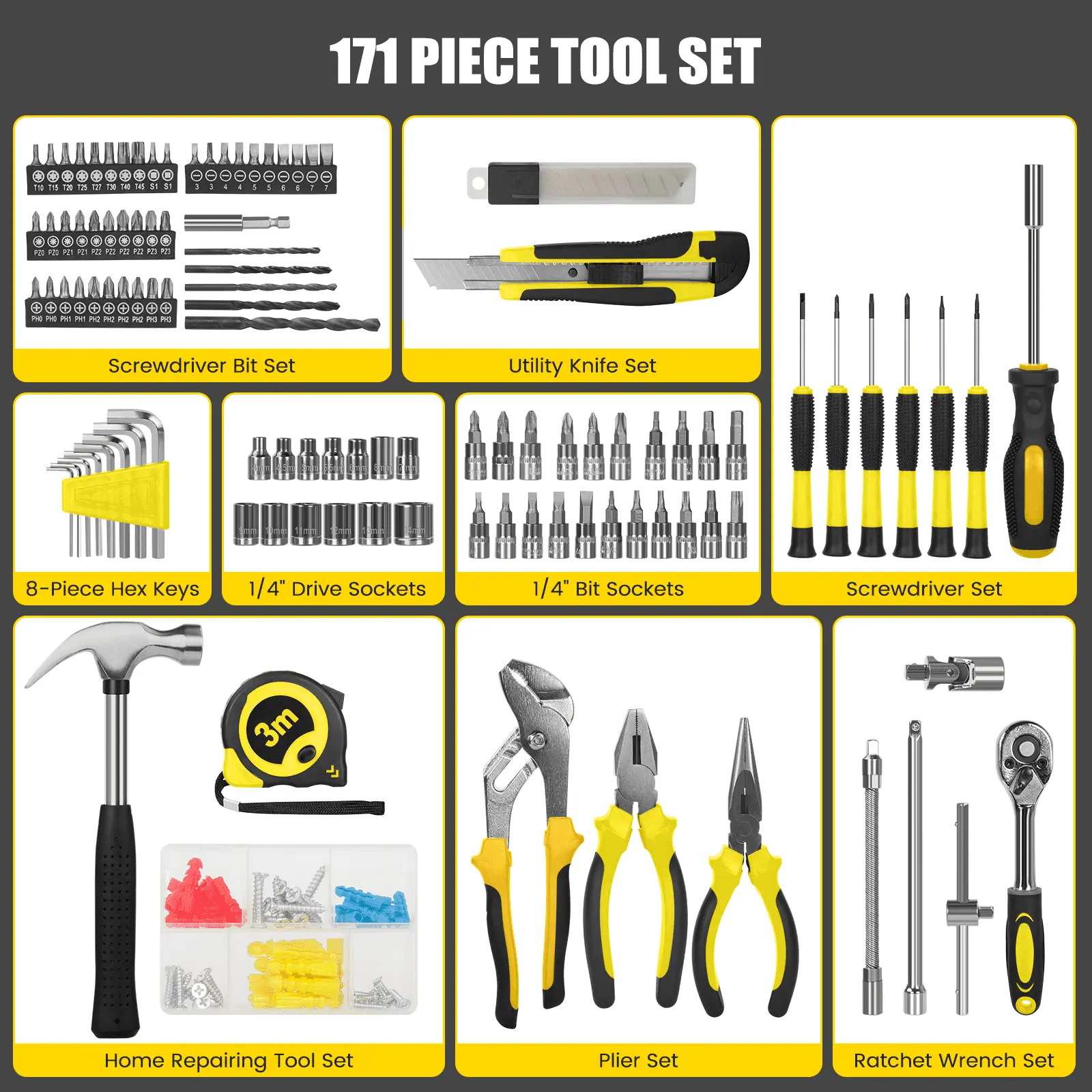 171 Piece Household Tool Kit/Mechanics Tool Set, Socket Wrench Auto Repair Tool Combination Package 1/4" Ratchet Wrench, Mixed Hand Mechanics Tools Kit Socket Set with Toolbox Storage Case, Yellow image 5