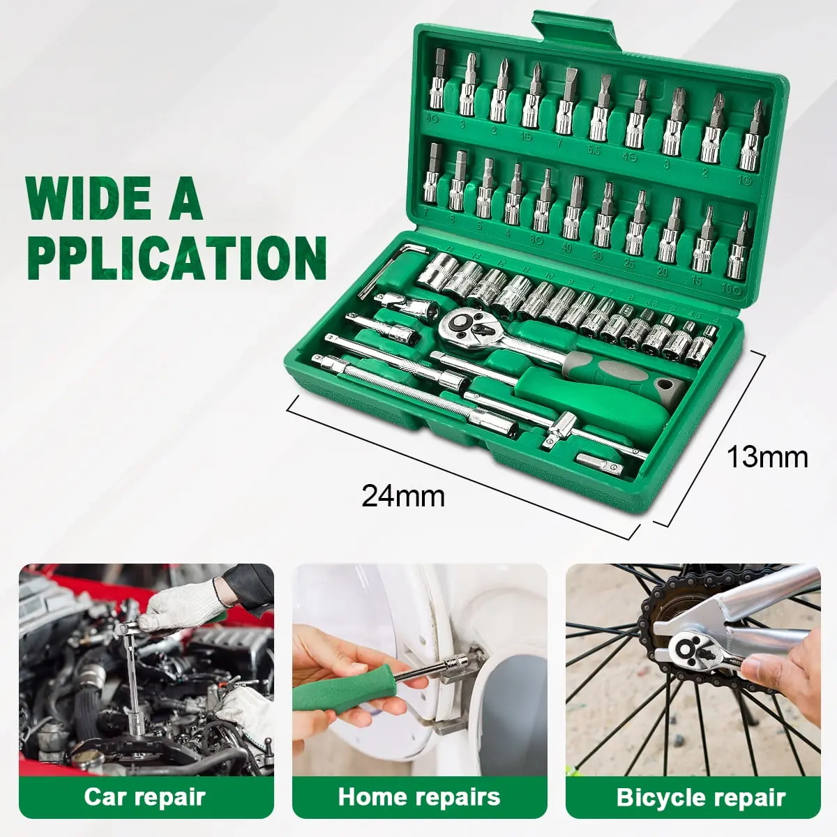 GOXAWEE 46 Pieces 1/4 inch Drive Socket Ratchet Wrench Set, with Bit Socket Set Metric and Extension Bar for Auto Repairing and Household, Green image 1