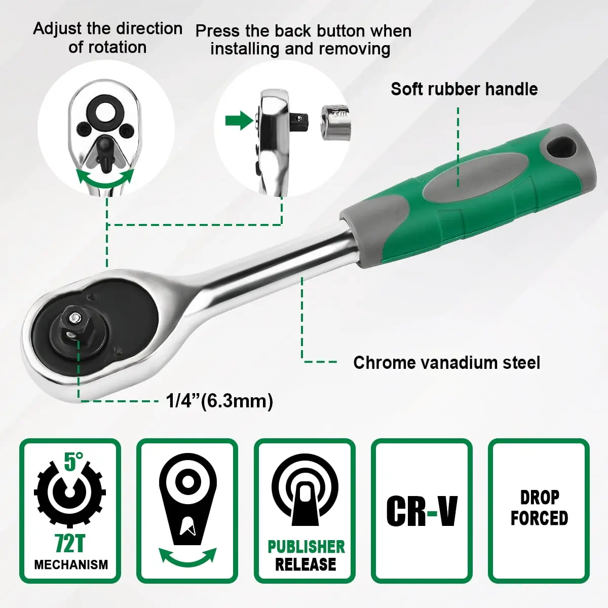 GOXAWEE 46 Pieces 1/4 inch Drive Socket Ratchet Wrench Set, with Bit Socket Set Metric and Extension Bar for Auto Repairing and Household, Green image 2