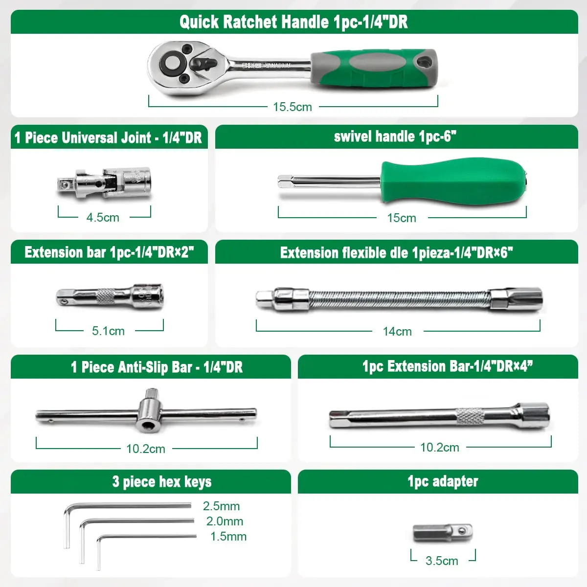 GOXAWEE 46 Pieces 1/4 inch Drive Socket Ratchet Wrench Set, with Bit Socket Set Metric and Extension Bar for Auto Repairing and Household, Green image 6