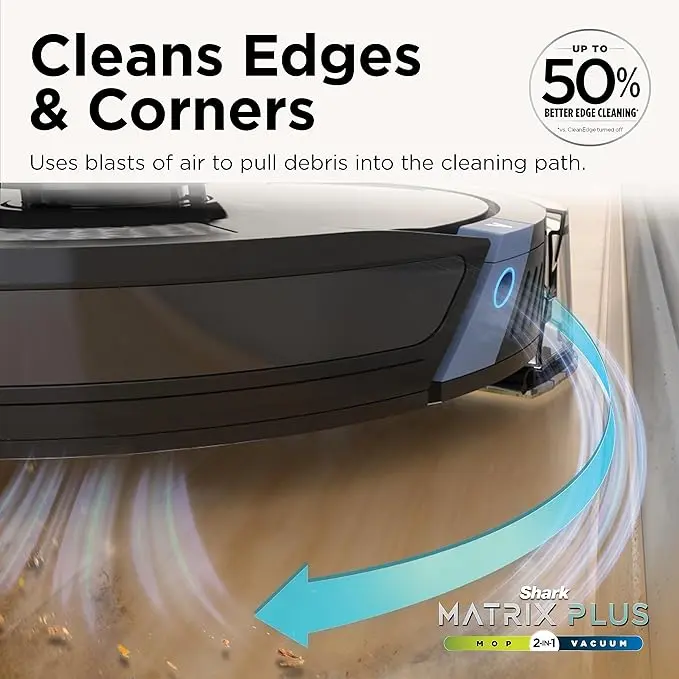 Shark Matrix Plus 2in1 Robot Vacuum & Mop with Sonic Mopping, Matrix Clean, Home Mapping, HEPA Bagless Self Empty Base, CleanEdge, for Pet Hair, Wifi, Black/Silver (RV2610WA) image 5