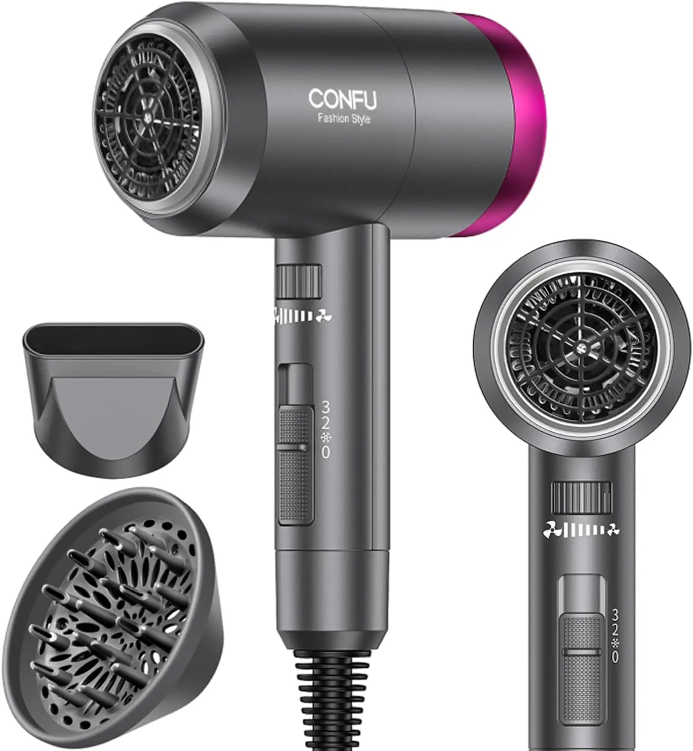 CONFU Ionic Blow Dryer 1600W, Portable Lightweight Fast Drying Negative Ion Hairdryer Blowdryer, 3 Heat Settings & Infinity Speed, with Diffuser and Concentrator Nozzle for Home & Travel image 1