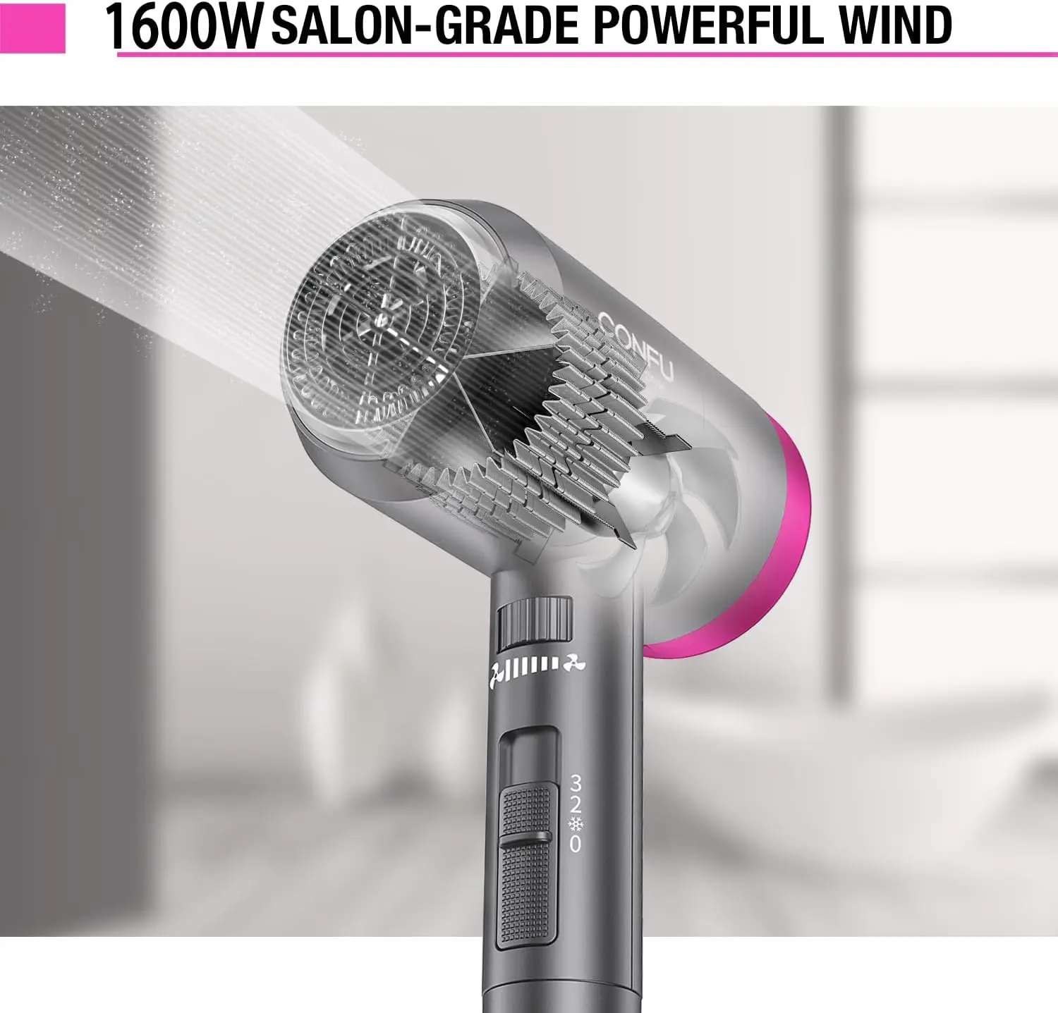 CONFU Ionic Blow Dryer 1600W, Portable Lightweight Fast Drying Negative Ion Hairdryer Blowdryer, 3 Heat Settings & Infinity Speed, with Diffuser and Concentrator Nozzle for Home & Travel image 3