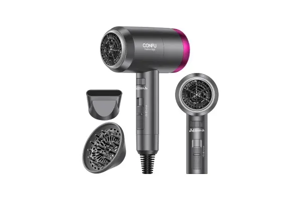 CONFU Ionic Blow Dryer 1600W, Portable Lightweight Fast Drying Negative Ion Hairdryer Blowdryer, 3 Heat Settings & Infinity Speed, with Diffuser and Concentrator Nozzle for Home & Travel image