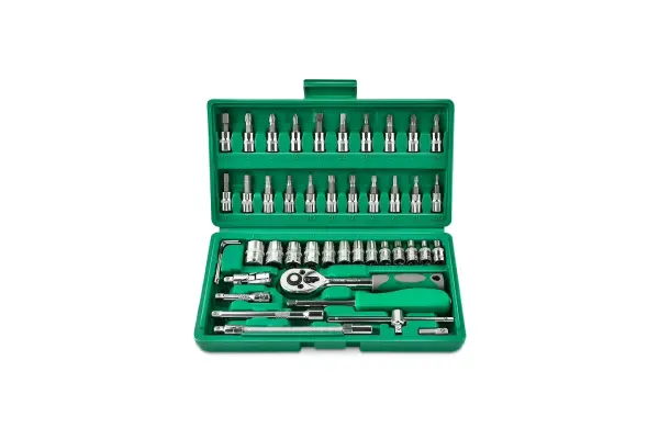GOXAWEE 46 Pieces 1/4 inch Drive Socket Ratchet Wrench Set, with Bit Socket Set Metric and Extension Bar for Auto Repairing and Household, Green image