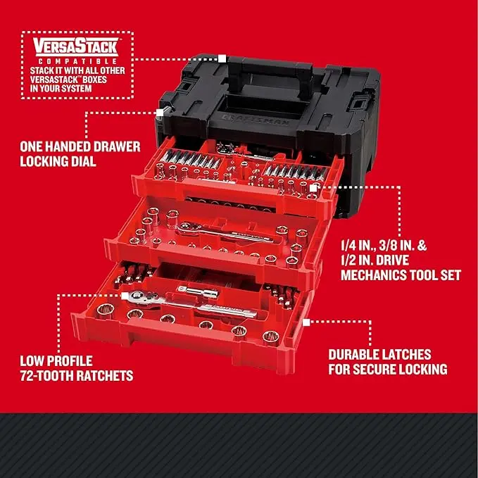 Craftsman VERSASTACK Mechanics Tool Set, 1/4 in, 3/8 in, and 1/2 in Drive, 230 Piece (CMMT45306) image 3