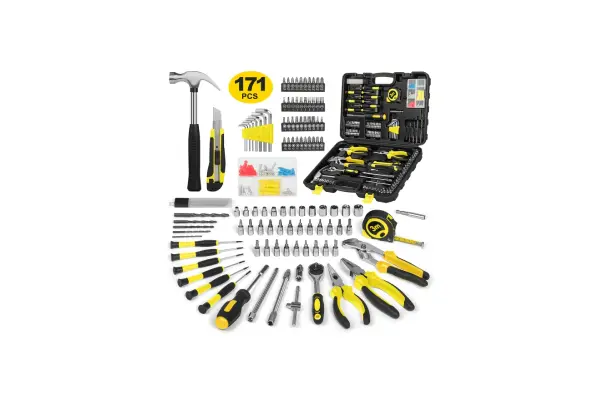 171 Piece Household Tool Kit/Mechanics Tool Set, Socket Wrench Auto Repair Tool Combination Package 1/4" Ratchet Wrench, Mixed Hand Mechanics Tools Kit Socket Set with Toolbox Storage Case, Yellow image