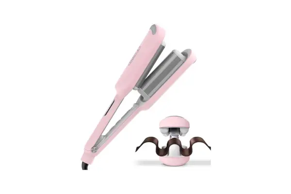 Curling Iron Hair Crimper Waver - TYMO ROVY Beach Waves Curling Wand, Ionic Deep Waver Hair Curler Tool with Ceramic 3 Barrel for Women, Dual Voltage, Anti-Scald, Easy to Use, Pink, 1.25 Inch image
