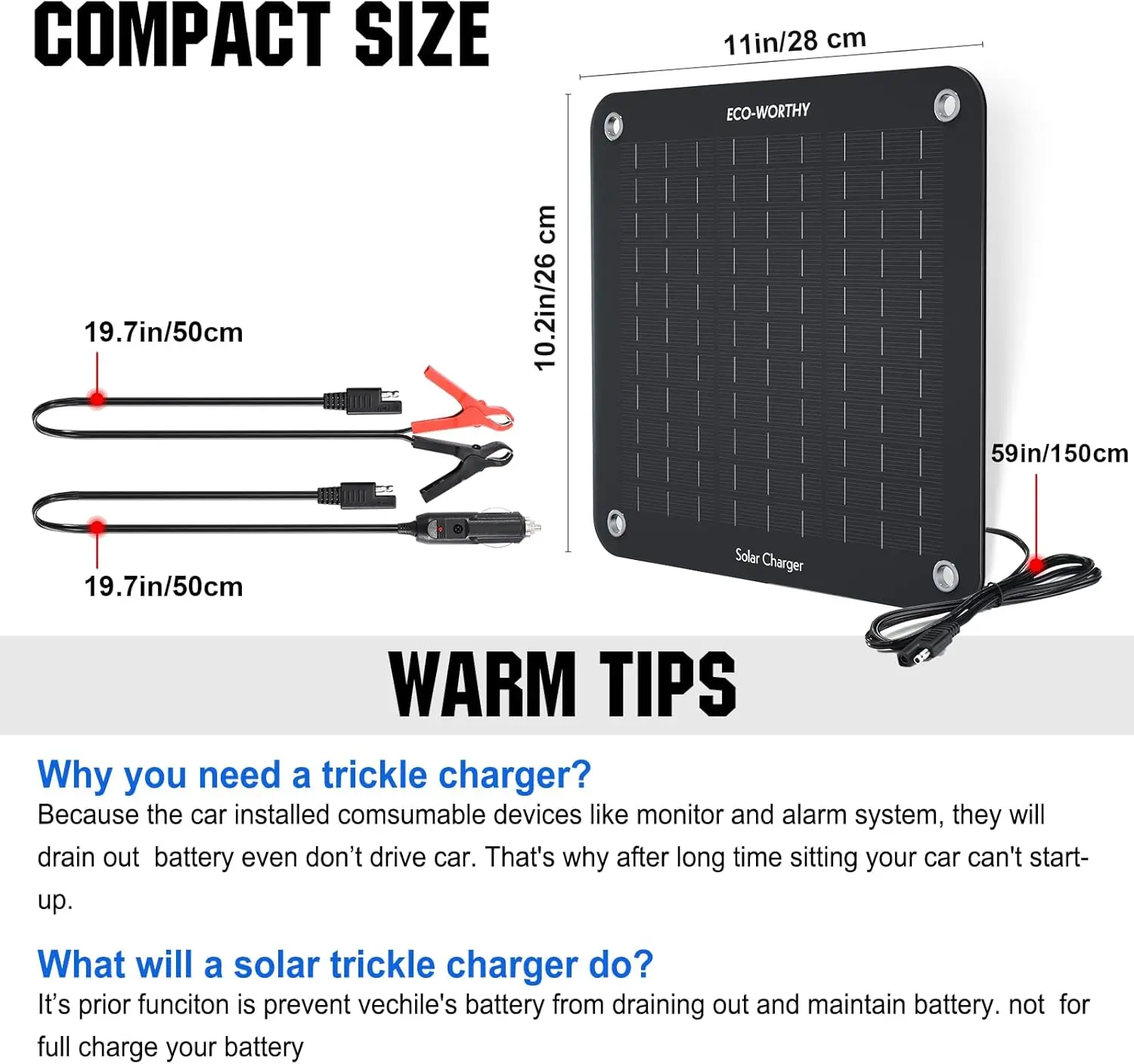 ECO-WORTHY 10W Solar Car Battery Charger Maintainer 12V Waterproof Portable Solar Trickle Charger for Car Truck Boat Lawn Mower RV Trailer Tractor ATV Utility Vehicle Battery image 6