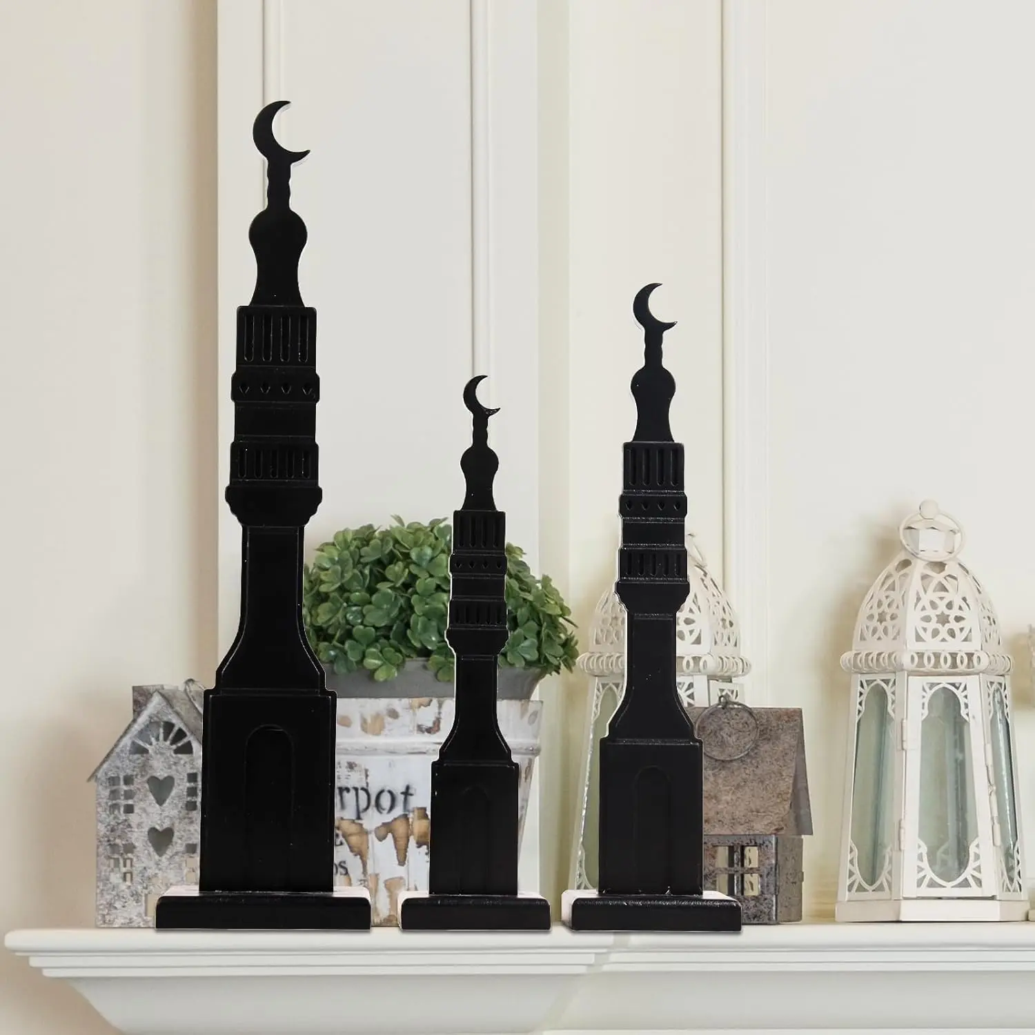 Crazy Night 3 Pcs Black Islamic Minaret Set - Wooden Decor for Ramadan, Eid, Islamic Home Display image 2