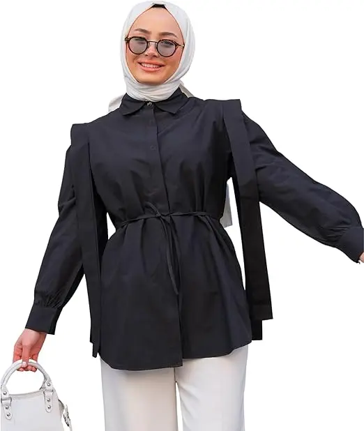 Women's Shirt Long Sleeve Buttoned V Detail Casual Shirt with Waist Ties Shirt Fashion for Ladies image 3