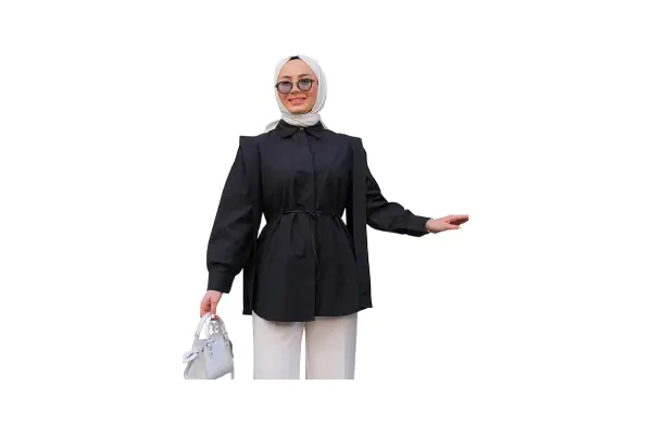 Women's Shirt Long Sleeve Buttoned V Detail Casual Shirt with Waist Ties Shirt Fashion for Ladies image