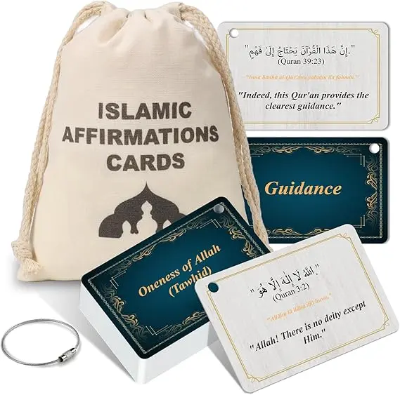 30 Pcs Islamic Affirmations Cards with Drawstring Bag Ramadan Gifts Islamic Eid Decorations Muslim Gifts 3.35×2.13 Inch Arabic Flash Cards for Women 30 Daily Reminders Umrah Dua Prayer Learn Arabic image 1