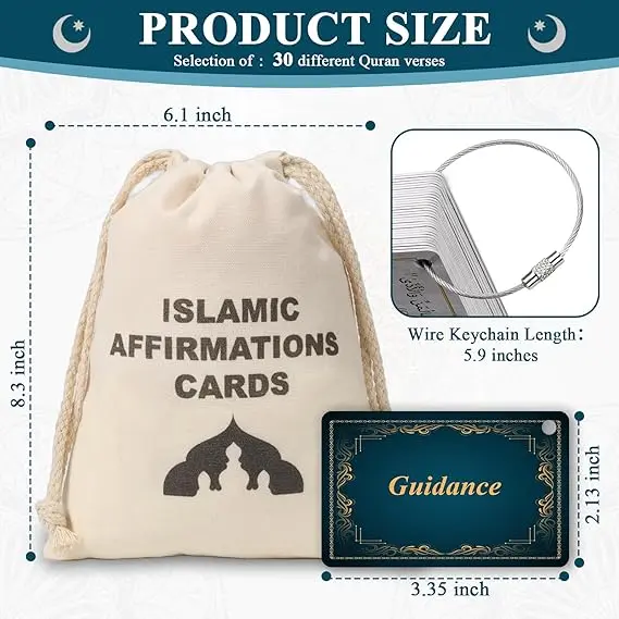 30 Pcs Islamic Affirmations Cards with Drawstring Bag Ramadan Gifts Islamic Eid Decorations Muslim Gifts 3.35×2.13 Inch Arabic Flash Cards for Women 30 Daily Reminders Umrah Dua Prayer Learn Arabic image 2