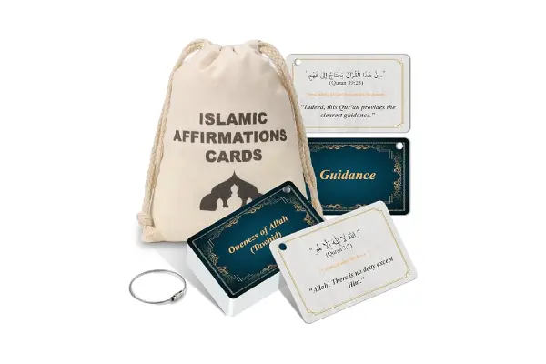 30 Pcs Islamic Affirmations Cards with Drawstring Bag Ramadan Gifts Islamic Eid Decorations Muslim Gifts 3.35×2.13 Inch Arabic Flash Cards for Women 30 Daily Reminders Umrah Dua Prayer Learn Arabic image