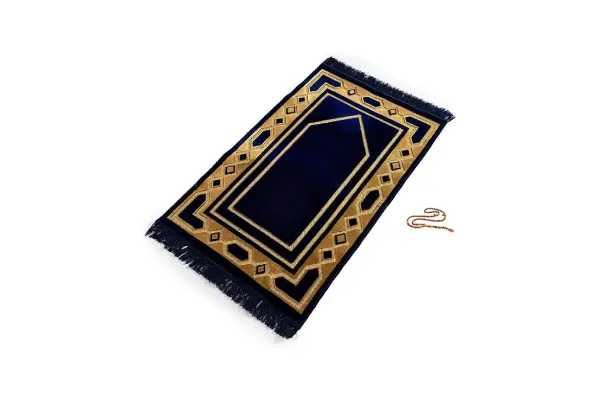 Home Collection Islamic Prayer Mat - Islam Praying Rug for Muslim Women & Men - Soft Turkish Salah Mats Eid & Ramadan Gifts - Pray Bead (Tesbih) Included - Made in Turkiye - Navy Blue image