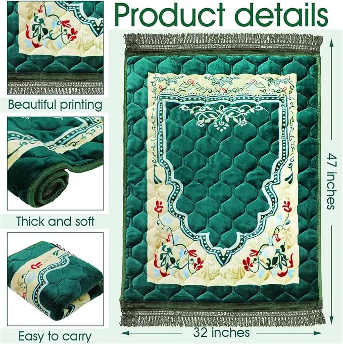Muslim Prayer Rug Green Thick Soft Prayer Mat Hat Beads Bookmark Set for Eid Travel Ramadan Muslim Prayer Mat for Knees and Forehead Islamic Gift for Umrah, Hajj, Wedding, Janamaz image 3