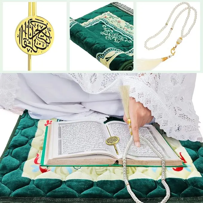 Muslim Prayer Rug Green Thick Soft Prayer Mat Hat Beads Bookmark Set for Eid Travel Ramadan Muslim Prayer Mat for Knees and Forehead Islamic Gift for Umrah, Hajj, Wedding, Janamaz image 6