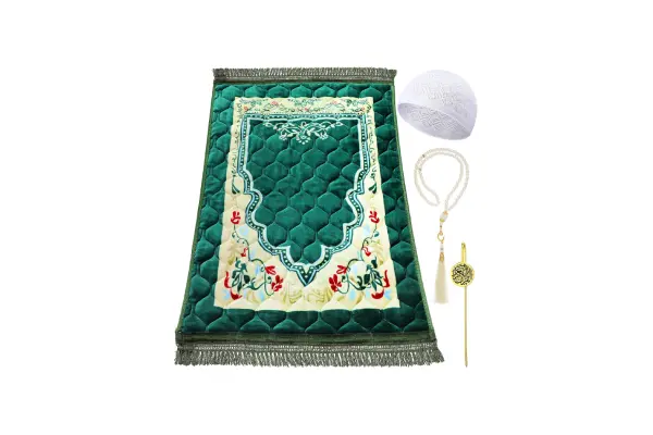 Muslim Prayer Rug Green Thick Soft Prayer Mat Hat Beads Bookmark Set for Eid Travel Ramadan Muslim Prayer Mat for Knees and Forehead Islamic Gift for Umrah, Hajj, Wedding, Janamaz image