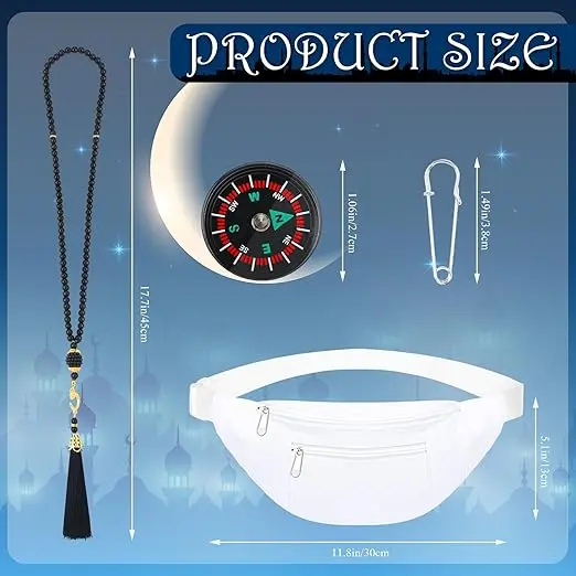 15 Pcs Ahram Ihram for umrah men Clothing Hajj essentials Include 43 x 83 inch Islamic Clothing Towel Muslim Prayer Rug Mat Ihram Belt Waist Pack Prayer Bead Necklace Compass Pins image 3