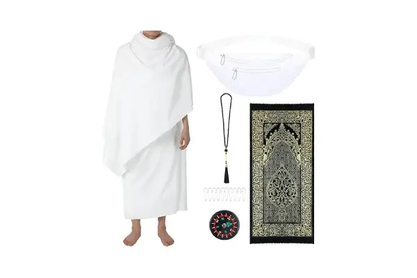 15 Pcs Ahram Ihram for umrah men Clothing Hajj essentials Include 43 x 83 inch Islamic Clothing Towel Muslim Prayer Rug Mat Ihram Belt Waist Pack Prayer Bead Necklace Compass Pins image