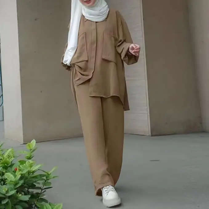 ODIZLI Muslim Long Sleeve Blouse Wide Leg Pants Suits Autumn Solid Abaya Women Matching Sets 2PCS Tracksuits Turkey Kaftan image 2