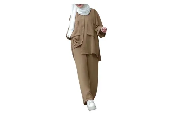 ODIZLI Muslim Long Sleeve Blouse Wide Leg Pants Suits Autumn Solid Abaya Women Matching Sets 2PCS Tracksuits Turkey Kaftan image