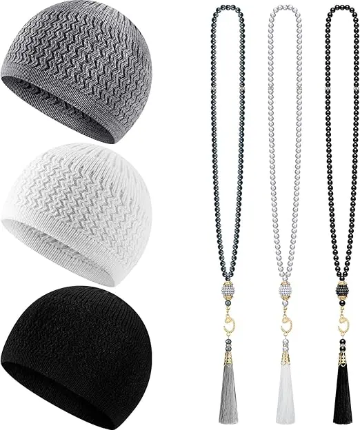 Jiuguva Kufi Hats for Men and Muslim Prayer Beads Set 3 Handicraft Knitted Hat Stretchy Taqiyah Cap and 3 Tasbih 99 Beads image 1