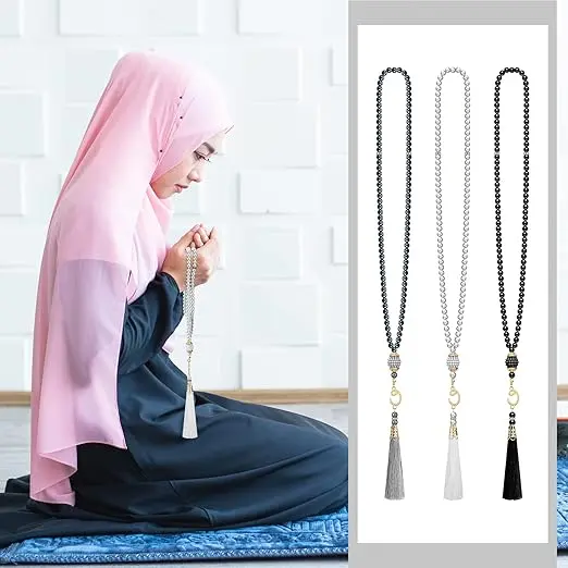 Jiuguva Kufi Hats for Men and Muslim Prayer Beads Set 3 Handicraft Knitted Hat Stretchy Taqiyah Cap and 3 Tasbih 99 Beads image 4