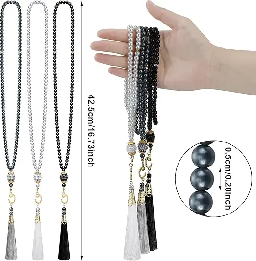 Jiuguva Kufi Hats for Men and Muslim Prayer Beads Set 3 Handicraft Knitted Hat Stretchy Taqiyah Cap and 3 Tasbih 99 Beads image 6