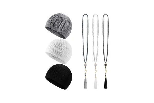 Jiuguva Kufi Hats for Men and Muslim Prayer Beads Set 3 Handicraft Knitted Hat Stretchy Taqiyah Cap and 3 Tasbih 99 Beads image