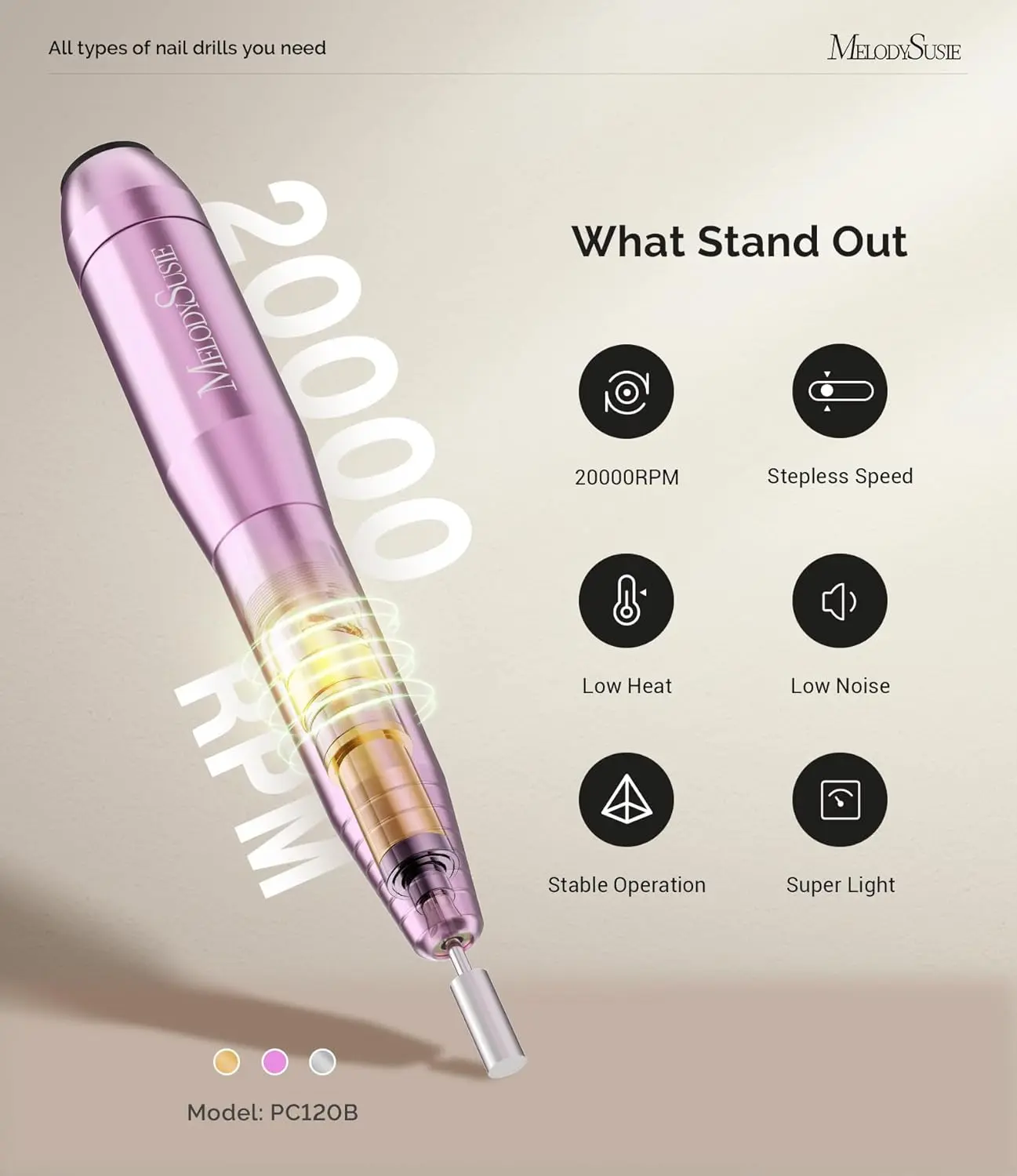 MelodySusie Portable Electric Nail Drill,PC120B Compact Efile Electrical Professional Nail File Kit for Acrylic, Gel Nails, Manicure Pedicure Polishing Shape Tools Design for Home Salon Use, Purple image 4