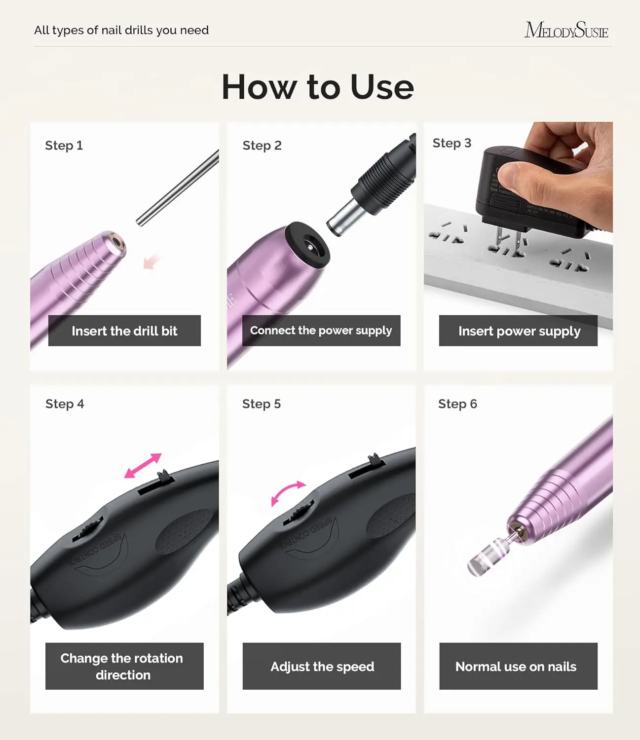 MelodySusie Portable Electric Nail Drill,PC120B Compact Efile Electrical Professional Nail File Kit for Acrylic, Gel Nails, Manicure Pedicure Polishing Shape Tools Design for Home Salon Use, Purple image 5