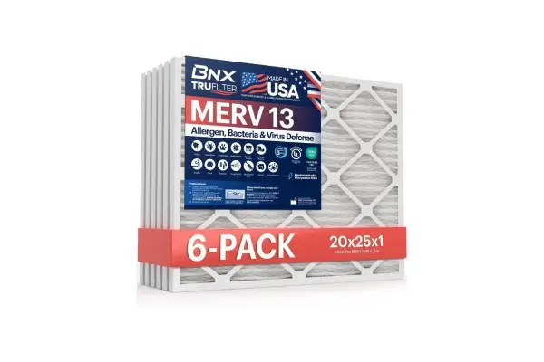 BNX TruFilter 20x25x1 Air Filter MERV 13 (6-Pack) - MADE IN USA - Electrostatic Pleated Air Conditioner HVAC AC Furnace Filters for Allergies, Pollen, Mold, Bacteria, Smoke, Allergen, MPR 1900 FPR 10 image