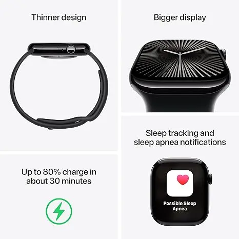 Apple Watch Series 10 [GPS 46mm case] Smartwatch with Jet Black Aluminium Case with Black Sport Band - M/L. Fitness Tracker, ECG App, Always-On Retina Display, Water Resistant image 4