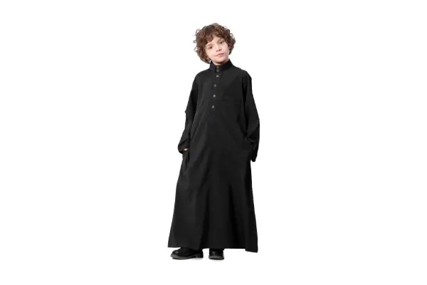 IDOPIP Muslim Thobe for Boys Kids Long Sleeve Islamic Arabic Kaftan Robe Middle East Dubai Prayer Dress Clothes with Pockets image