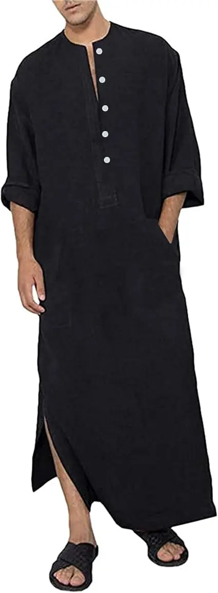 YAOHUOLE Kaftan Long Sleeve Button Up with Pockets Robe for Man Cotton and Linen Muslim Side Split Long Thobe image 1