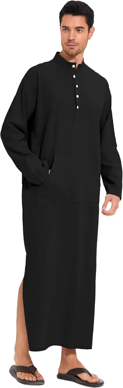 YAOHUOLE Kaftan Long Sleeve Button Up with Pockets Robe for Man Cotton and Linen Muslim Side Split Long Thobe image 2