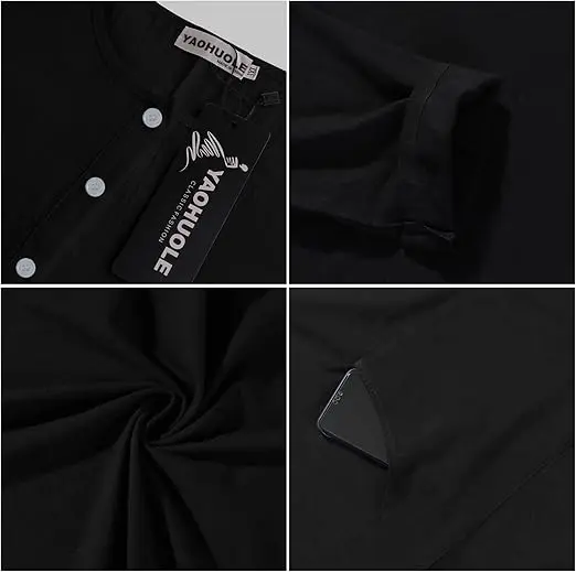YAOHUOLE Kaftan Long Sleeve Button Up with Pockets Robe for Man Cotton and Linen Muslim Side Split Long Thobe image 5