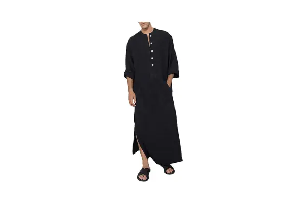 YAOHUOLE Kaftan Long Sleeve Button Up with Pockets Robe for Man Cotton and Linen Muslim Side Split Long Thobe image