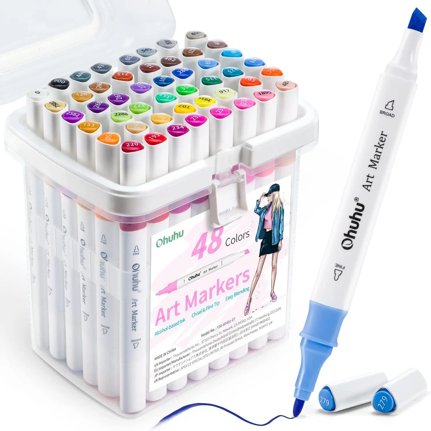 Ohuhu Markers, 48-color Double Tipped Alcohol Markers, Chisel & Fine Alcohol-based Art Marker Set for Adults Coloring Illustration, Great Value Pack for Students' Art Class, Better Designed Grip image 1