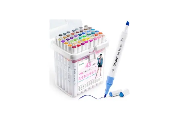 Ohuhu Markers, 48-color Double Tipped Alcohol Markers, Chisel & Fine Alcohol-based Art Marker Set for Adults Coloring Illustration, Great Value Pack for Students' Art Class, Better Designed Grip image
